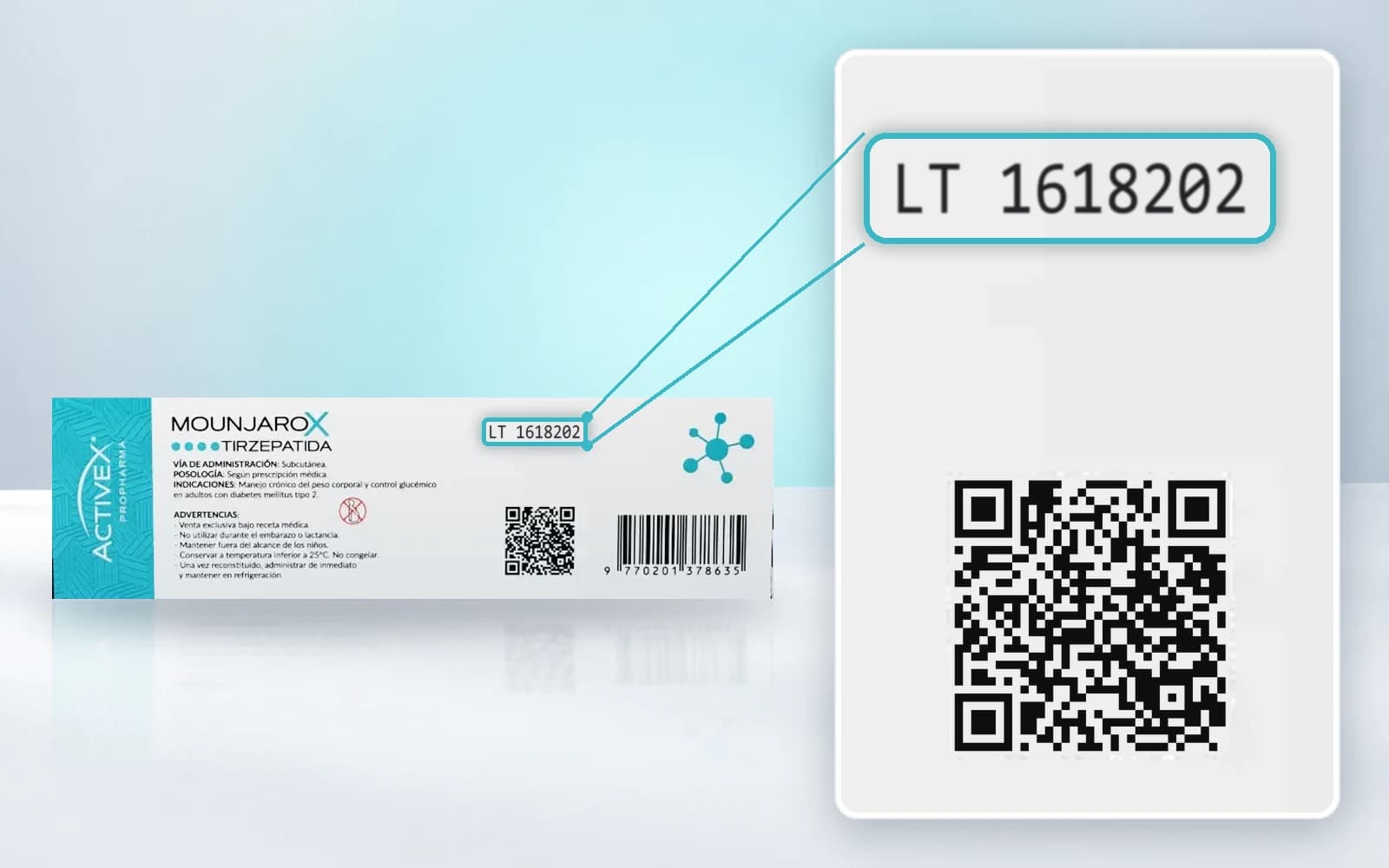 Reverso de la caja de Mounjaro, con la zona donde va impreso el lote marcada arriba del código QR