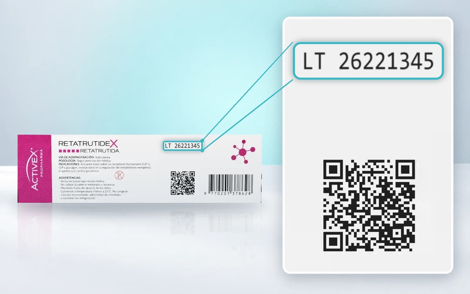 Reverso de la caja de Retatrutide, con la zona donde va impreso el lote marcada arriba del código QR